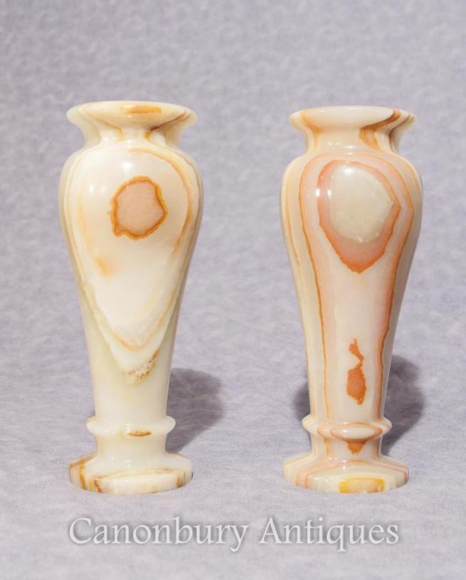 Pair Antique Italian Onyx Marble Urns Vases 1930