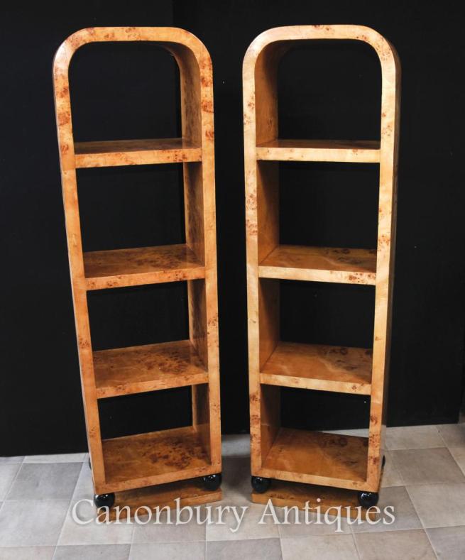 Pair Art Deco Bookcases Shelf Units Blonde Walnut Furniture