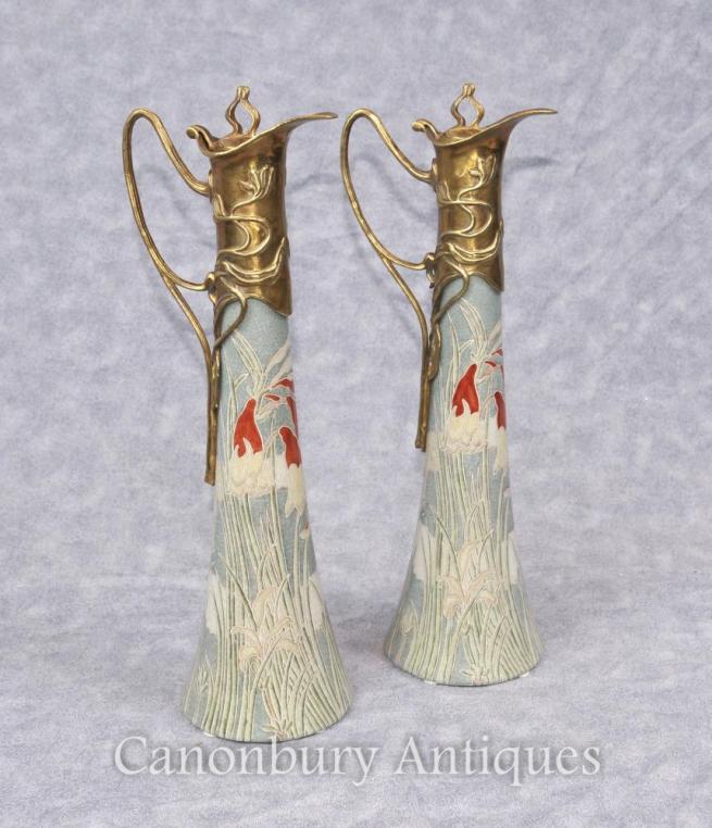 Pair Art Nouveau Porcelain Floral Jugs Decanters Urns