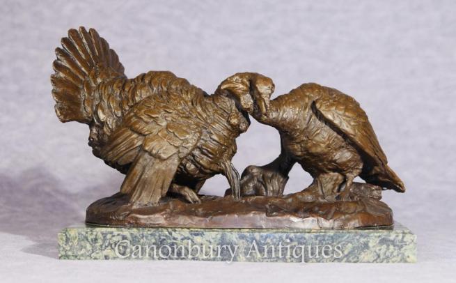 Pair Bronze Turkeys Thanksgiving Fowl Statue Casting