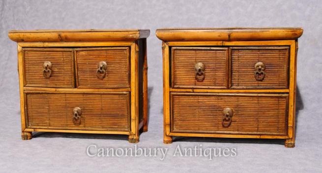Pair Chinese Antique Bamboo Chest Drawers Mini Travelling Samples 1880