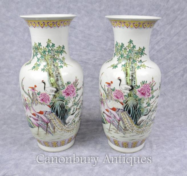 Pair Chinese Celadon Porcelain Vases Birds of Paradise Painted