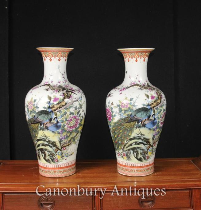 Pair Chinese Doucai Porcelain Vases Urns Pheasant Paintings