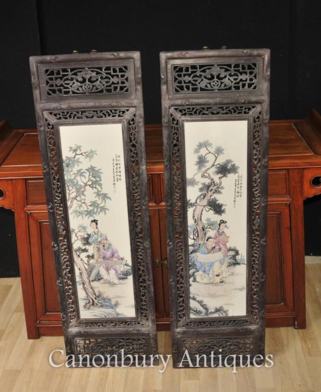 Pair Chinese Kangxi Porcelain Plaques Screens Hardwood Frame