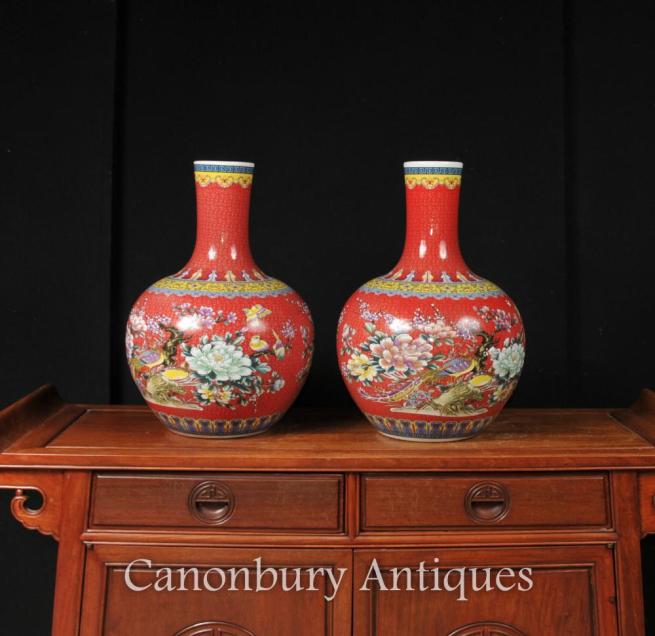 Pair Chinese Ming Porcelain Urns Vases Imperial Red Shangping