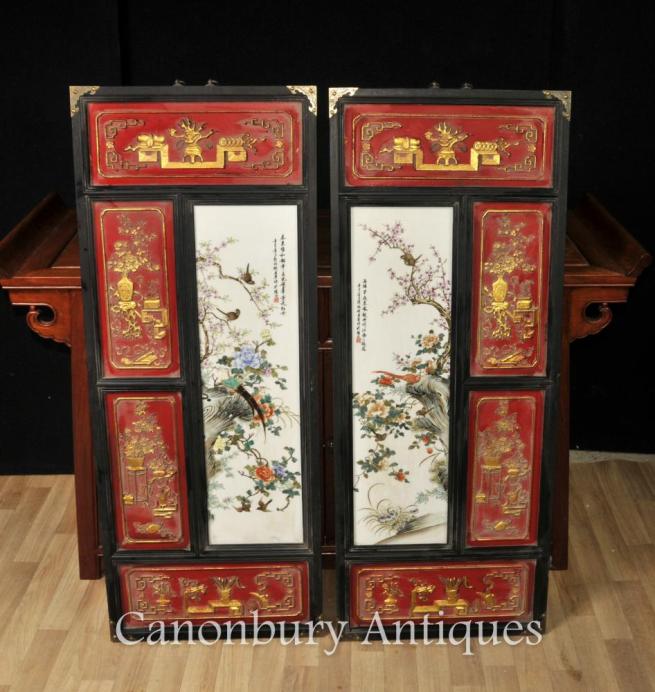 Pair Chinese Qianlong Ceramic Plaques Pictures Hand Painted Porcelain