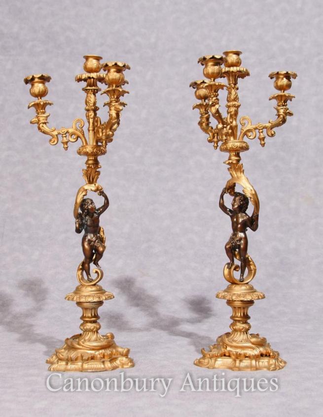 Pair French Empire Antique Ormolu Candelabras Dore Cherub Candles