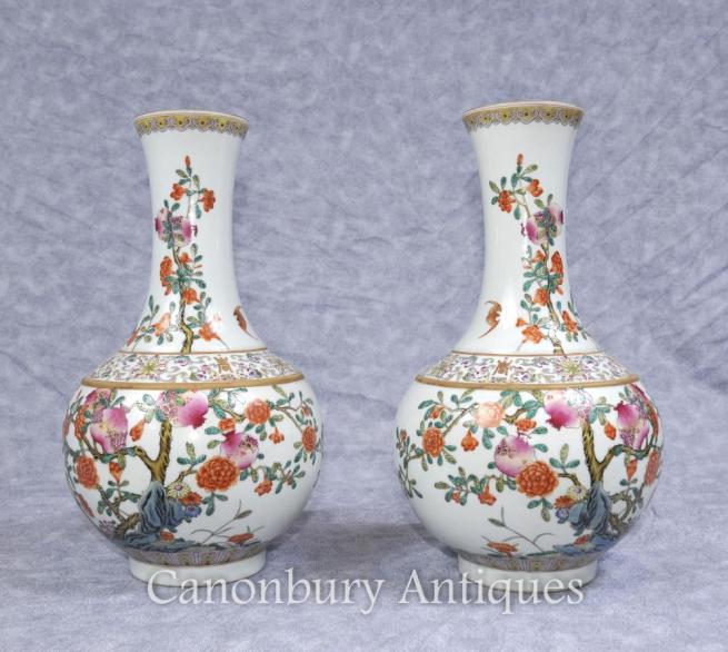 Pair Japanese Arita Porcelain Bulbous Floral Urns Vases