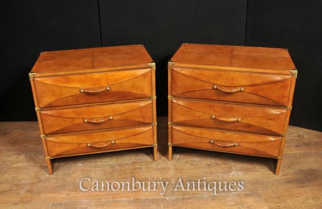 Pair Leather Art Deco Chests of Drawers Campaign Nightstands