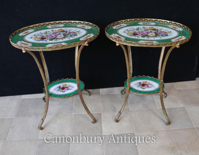 Pair Sevres Porcelain Ormolu Oval Side Cocktail Tables Floral Tops