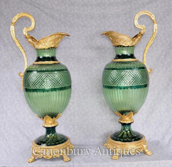 Pair XL French Empire Cut Glass Jugs Ewers Ormolu Mounts
