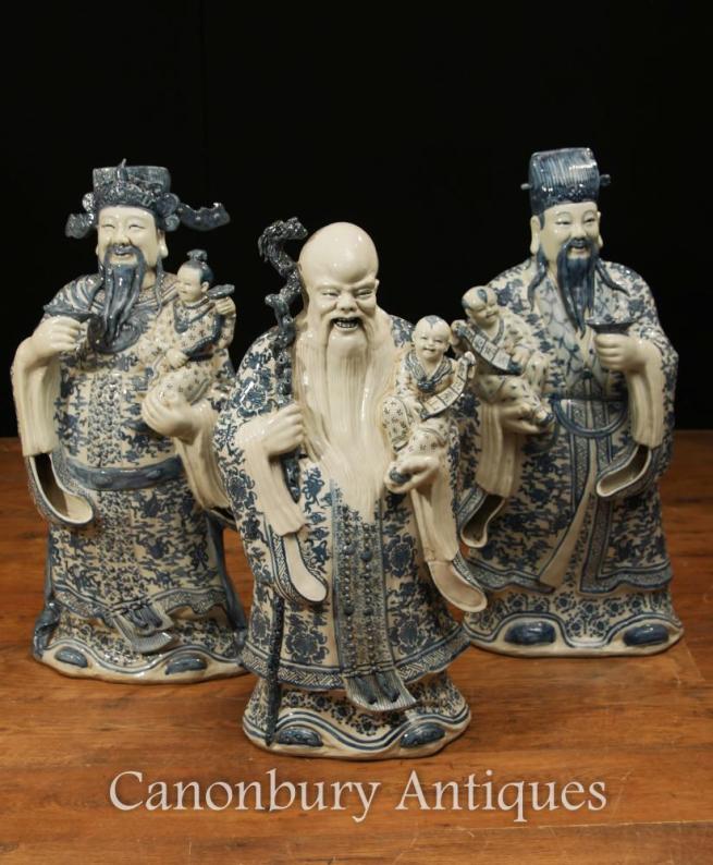 Set Chinese Blue and White Nanking Porcelain Wise Men Figurines