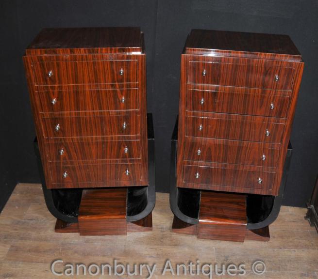 Pair Art Deco Tall Boys Chests of Drawers Rosewood