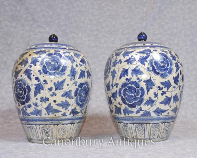 Pair Chinese Blue and White Porcelain Vases Urns Lidded Pots Ovoid