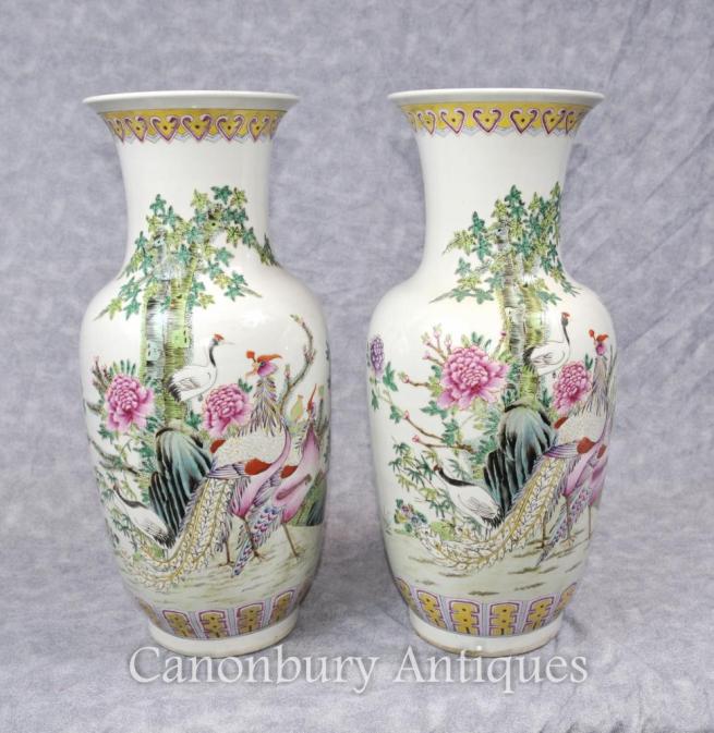 Pair Chinese Famill Verte Qing Urns Pheasant Bird Vases