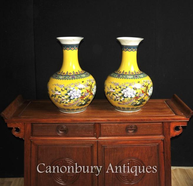 CLICK HERE TO BUY THIS PAIR CHINESE FAMILLE JAUNE PORCELAIN VASES SHANGPING FORM URNS ON CANONBURY ANTIQUES