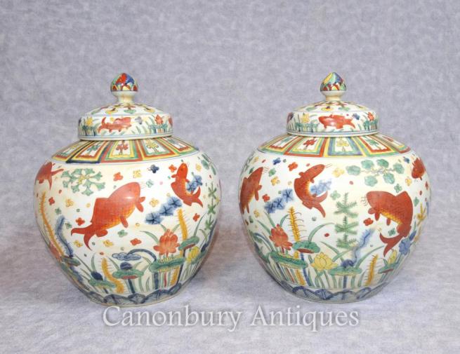 Pair Chinese Qing Ceramic Porcelain Jars Bowls Vase Urns Pottery China