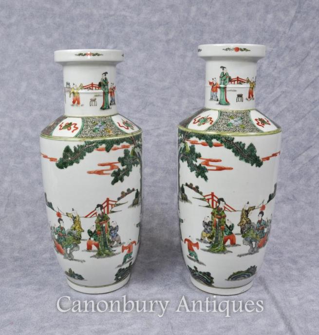Pair Chinese Qing Famille Vert Porcelain Urns Painted Vases