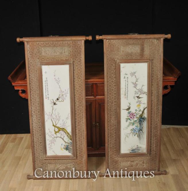 Pair Chinese Wucai Porcelain Bird Plaques Screens Paintings Hand Carved Frame