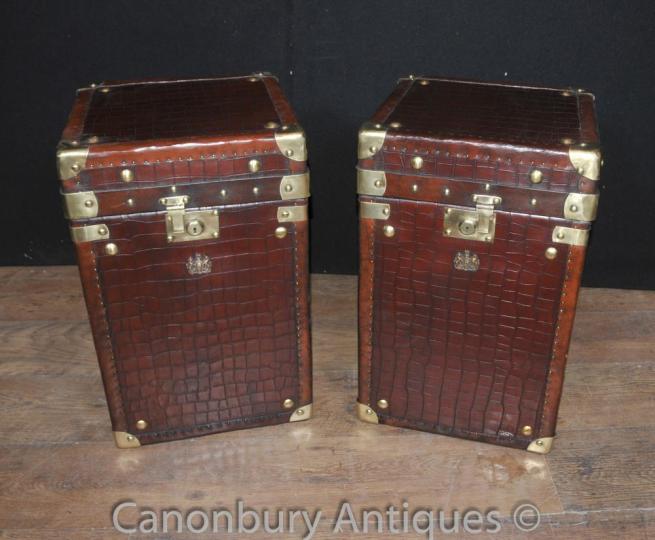 Pair English Leather Luggage Chest Steamer Trunk Tables Box Crocodile