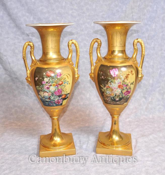 Pair German Dresden Porcelain Floral Vases Amphora Urns