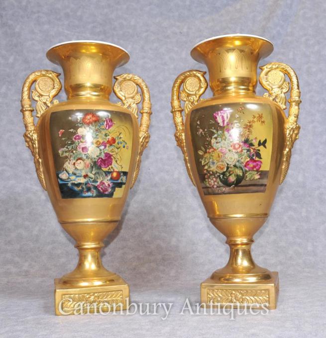 Pair Gold Dresden Porcelain Amphora Urns Vases Floral Sprays