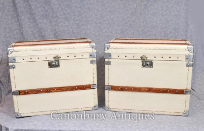Pair Steamer Trunk English Leather Luggage Boxes Cases Tables