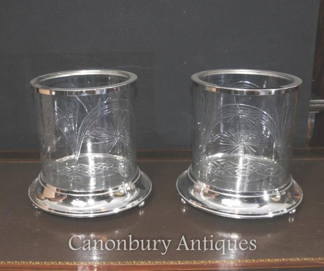 Pair Victorian Silver Plate Cut Glass Urns Vases Planters