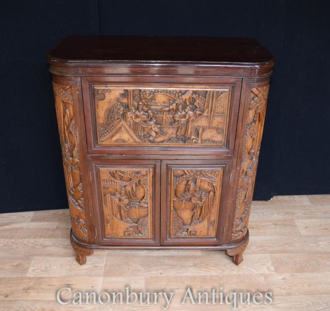 Antique Chinese Camphor Wood Drinks Cabinet Carved