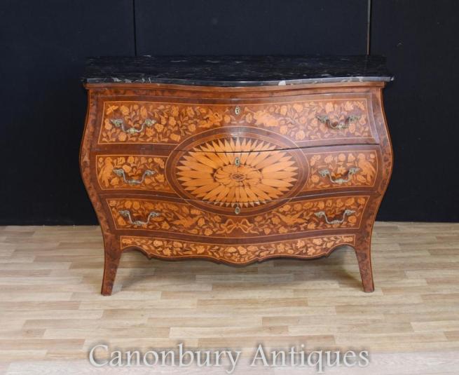 Antique Dutch Marquetry Bombe Commode Chest Drawers
