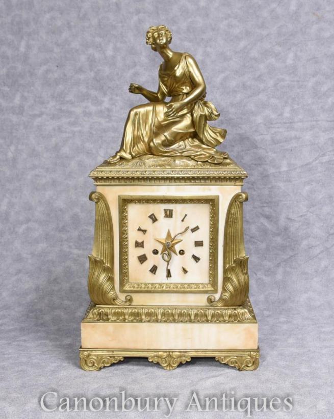 Antique French Art Deco Clock Marble Ormolu Figurine 1930