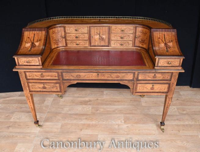 Antique Satinwood Regency Carlton House Desk Marquetry Inlay