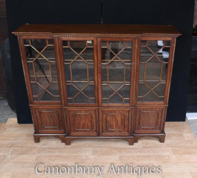 Antique Victoria Dwarf Breakfront Bookcase in Mahogany Glass Fronted Display