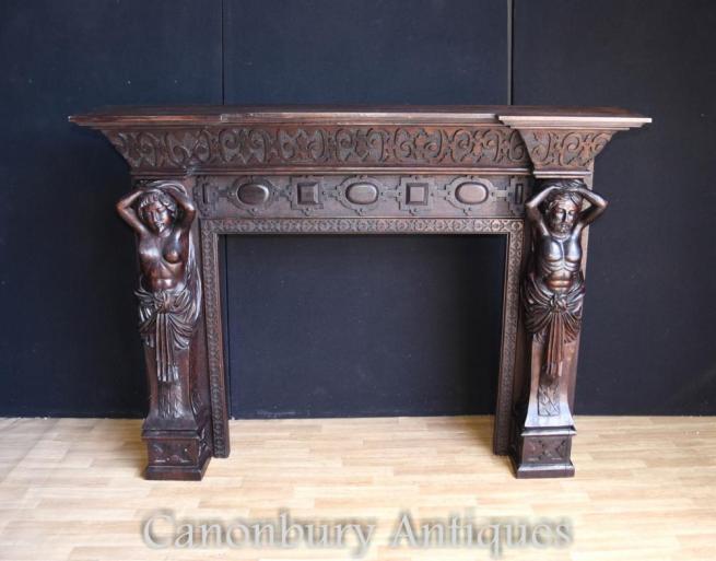 Antique Victorian Gothic Carved Fireplace Caryatids 1880