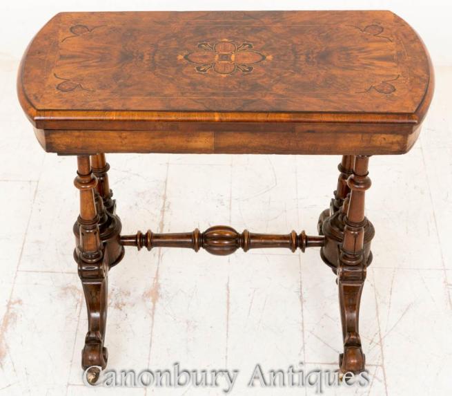 Antique Victorian Walnut Card Table Games Marquetry Inlay 1860