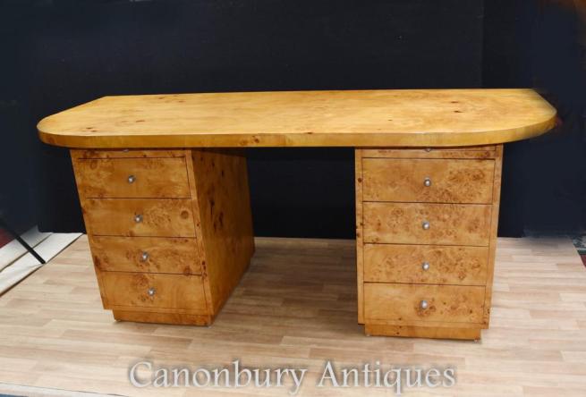 Art Deco Pedestal Desk Writing Table Blonde Walnut
