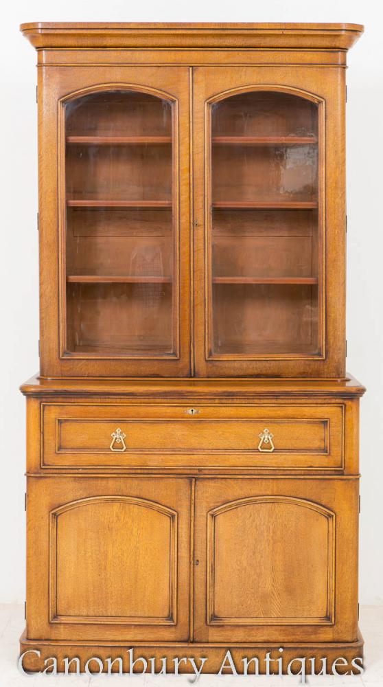 Blonde Oak Victorian Bookcase Display Cabinet 1860