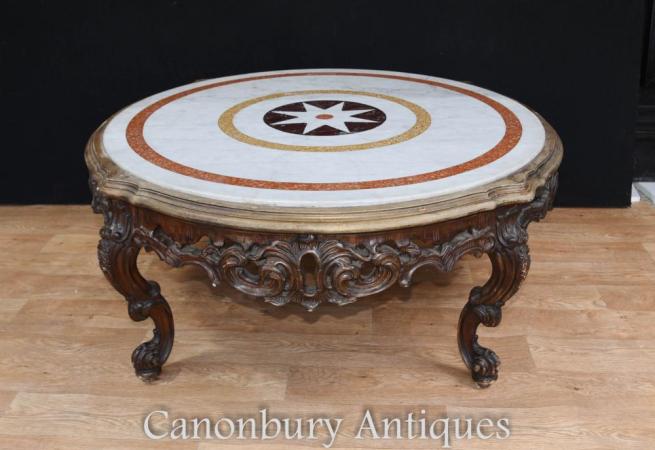 Carved Italian Rococo Coffee Table Round Marble Top