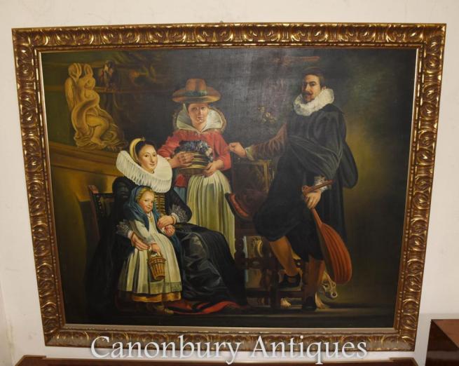 Dutch Oil Painting Family Portrait Gilt Frame