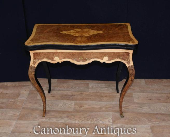 French Antique Amboyna Satinwood and Walnut Card Table Circa 1880 Empire