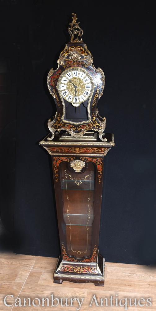 French Boulle Mantle Clock on Glass Display Pedestal Cabinet 1930
