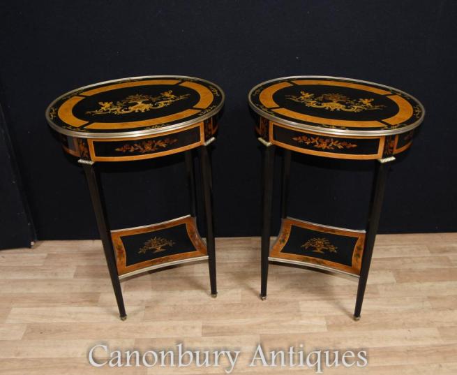 French Empire Lacquer Oval Side Tables Cocktail