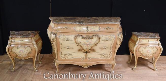 French Louis XVI Painted Bombe Commode Bedside Chests Set Nighstands