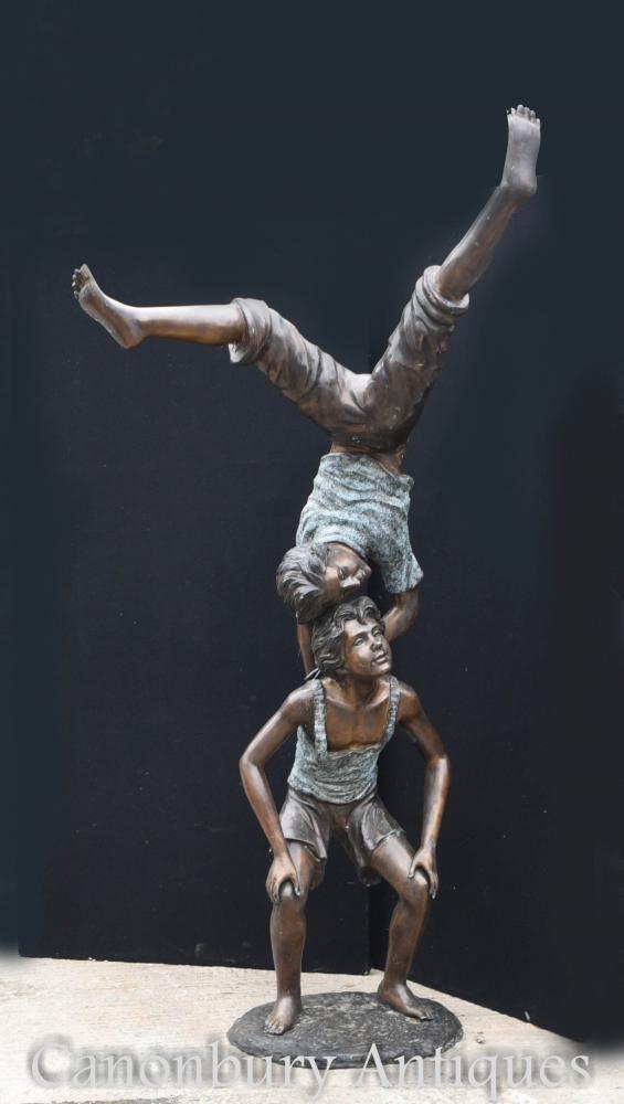 Giant Pair of Bronze Boy Acrobats Garden Sculpture Male Figurine
