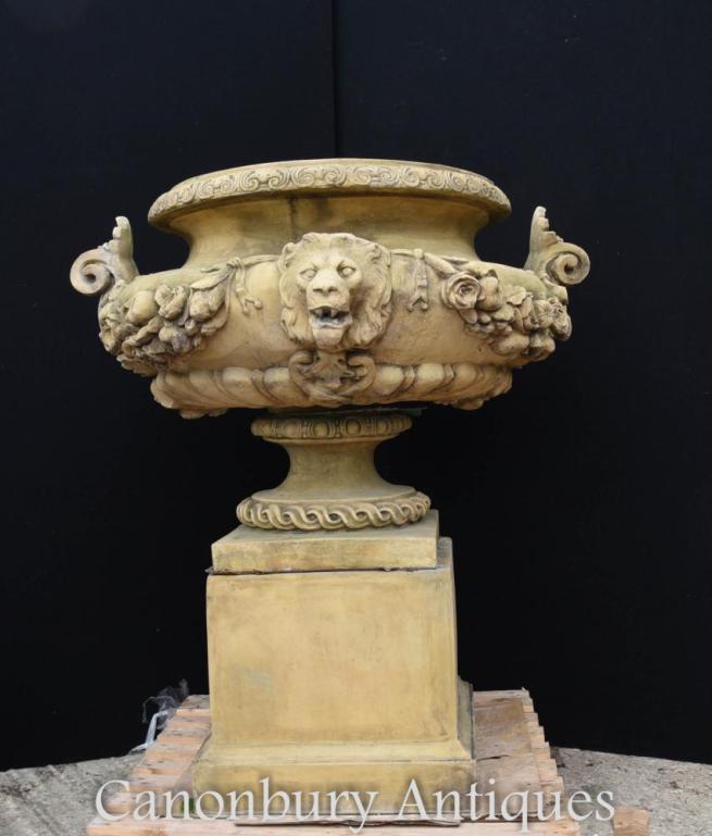 Large English Stone Garden Urn on Pedestal Plinth Classic Architectural