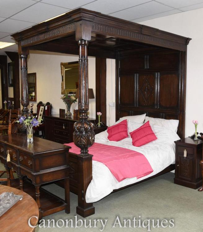 Large Oak Jacobean 4 Poster Bed Hand Carved