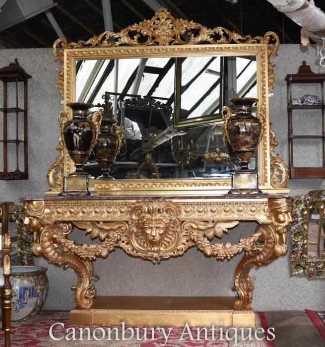 Louis XVI Gilt Console Table and Mirror Set Rococo Carved Gold