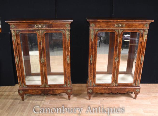 Pair Antique English Burr Walnut Victorian Pier Cabinets (Circa 1890)