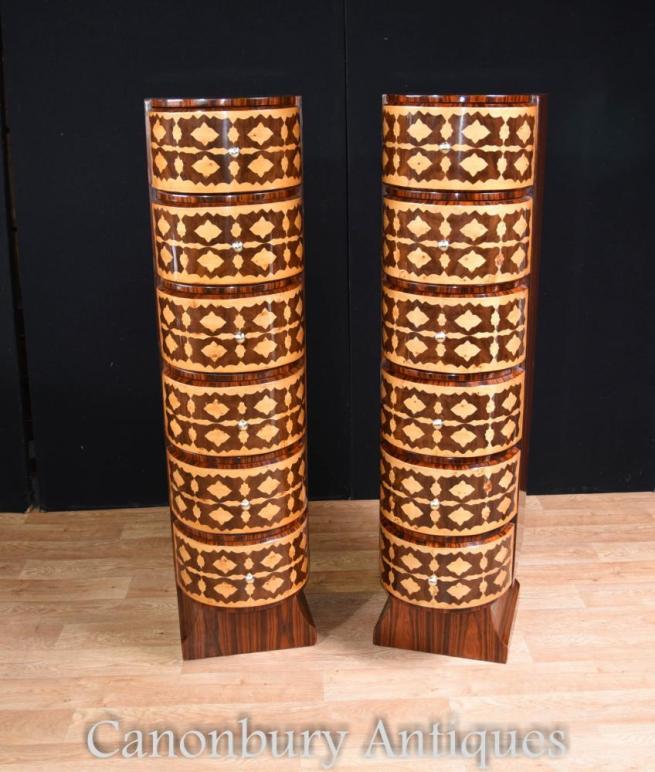 Pair Art Deco Chests of Drawers Tall Boys Marquetry Inlay