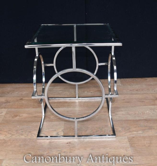 Pair Art Deco Chrome Side Tables Mirror Glass